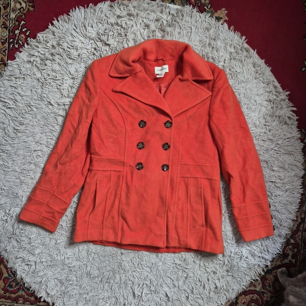 Womens Short Peacoat Wool Cashmere Blend St Johns Bay Orange Pea Coat Jacket ✨️